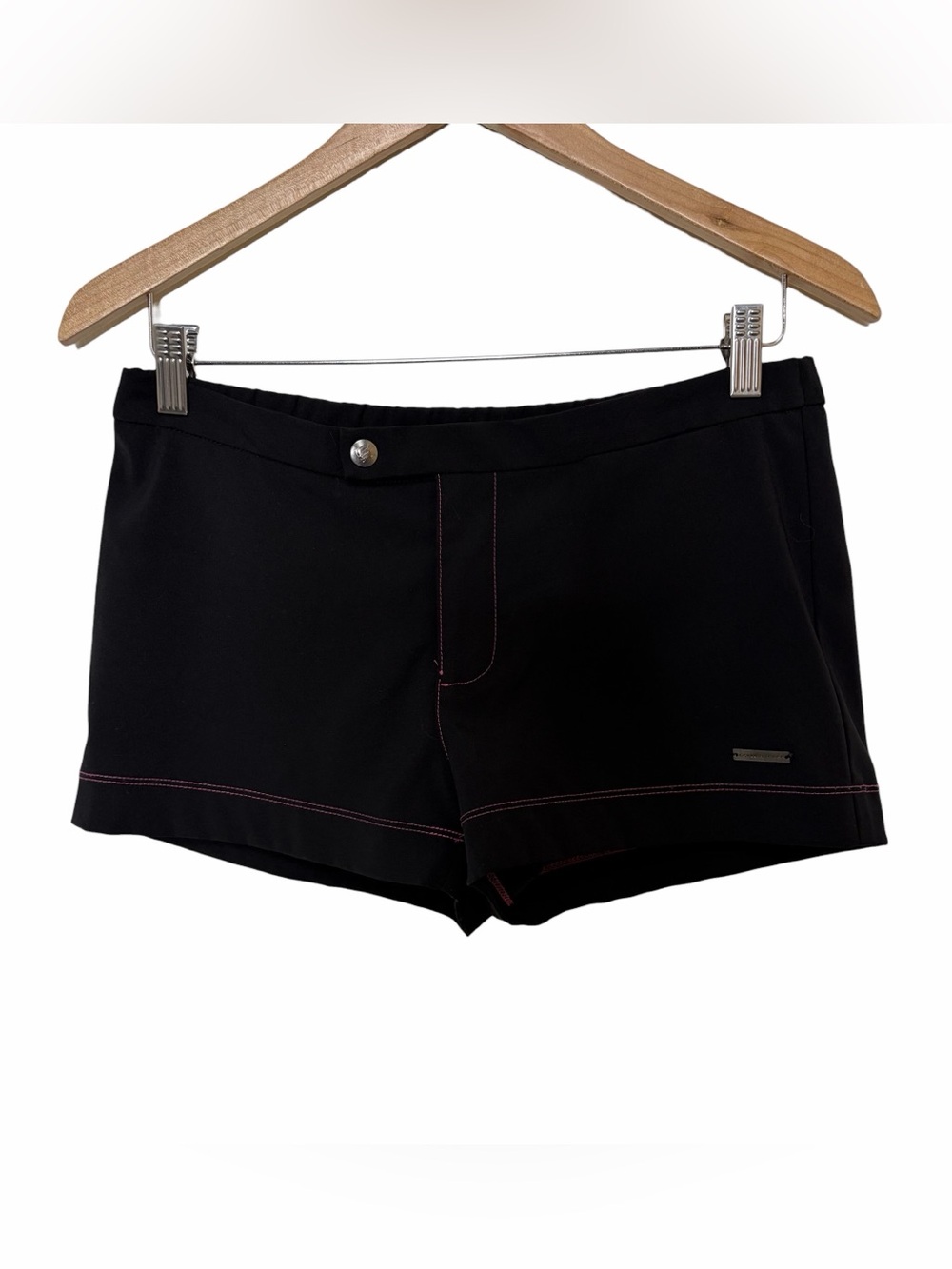 Parke & Ronen black with pink stitch swim trunks